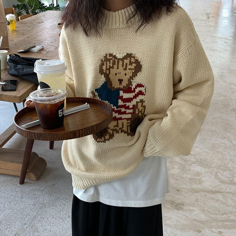 可愛いルーズ小熊くまニットプルオーバーニットセーター
