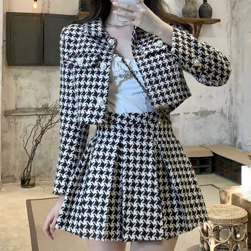 韓国っぽ 大人女子千鳥チェック セットアップ ２点セット ジャケット プリーツ スカート オシャレ こなれ感 デート 女子会