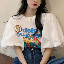 画像をギャラリービューアに読み込む, かわいいギャザー パフスリーブ カジュアルTシャツ プリント イラストトップスレデイーズ

