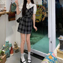 画像をギャラリービューアに読み込む, フェイク ツーピース シャツ パネル ジャンプスーツ スウィート プレッピー ショート スカート
