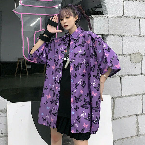 柄シャツ バタフライ柄 蝶々 五分袖 パープル 紫 ビッグシルエット トップス ダンス 衣装 ヒップホップ コスチューム 韓国ファッション –  JDOOTD
