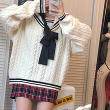 画像をギャラリービューアに読み込む, 学園風ゆったり 配色 切り替えニットセーターフリー ブラック

