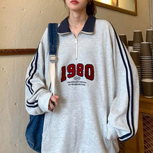 画像をギャラリービューアに読み込む, ハーフジップ長袖トレーナーゆったり刺繍ストリートトップスブラックレディース　
