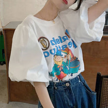 画像をギャラリービューアに読み込む, かわいいギャザー パフスリーブ カジュアルTシャツ プリント イラストトップスレデイーズ
