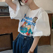 画像をギャラリービューアに読み込む, かわいいギャザー パフスリーブ カジュアルTシャツ プリント イラストトップスレデイーズ
