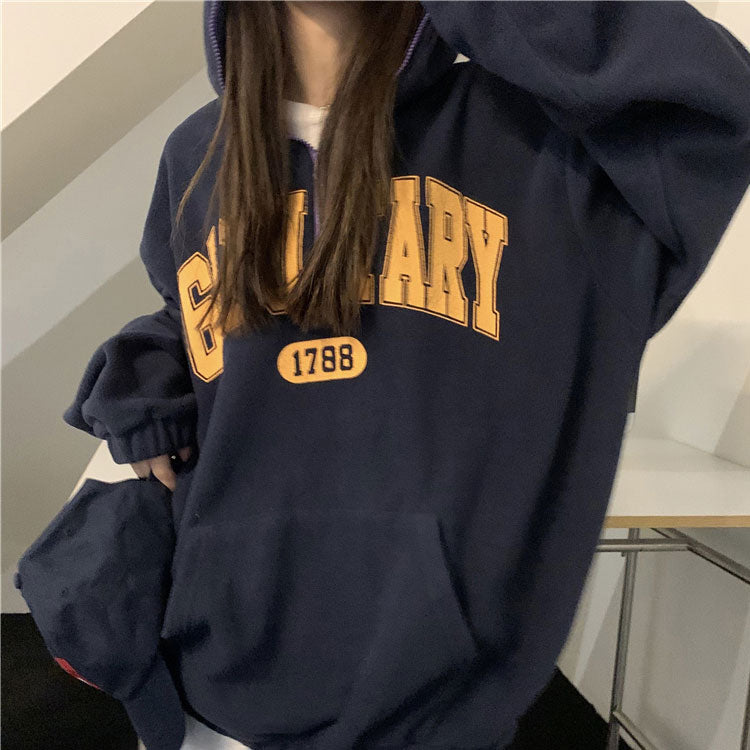ストリート個性的ハーフジップロゴパーカー長袖トップストレーナー