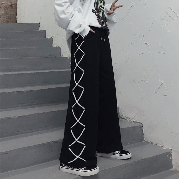 原宿系ハイウエスト合わせやすいロープスプライシングパンツストレートパンツ