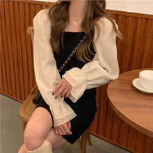 画像をギャラリービューアに読み込む, 韓国系長袖かわいいオシャレ切り替 配色Aラインワンピースレデイース
