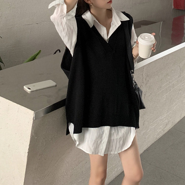 韓国系ゆったりストライ柄シャツとニットベスト気質セットレデイース