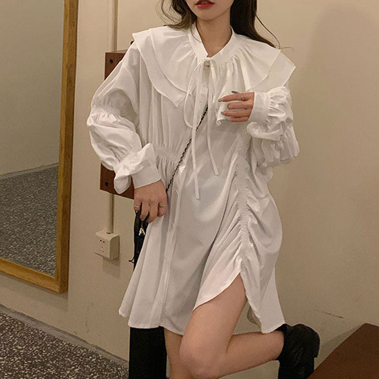 レデイースギャザーかわいいゆったり長袖シャツワンピース