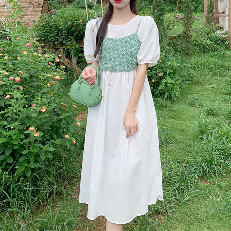 レトロ韓国系花柄かわいい気質フラワービスチェとワンピースセットアップ