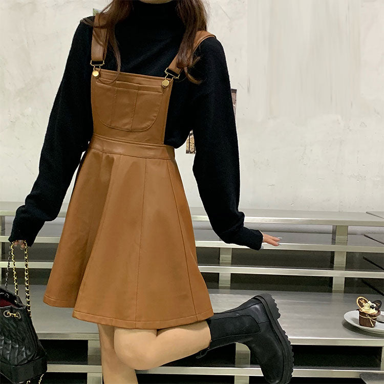 レトロセットアップPU長袖かわいい合わせやすいワンピース