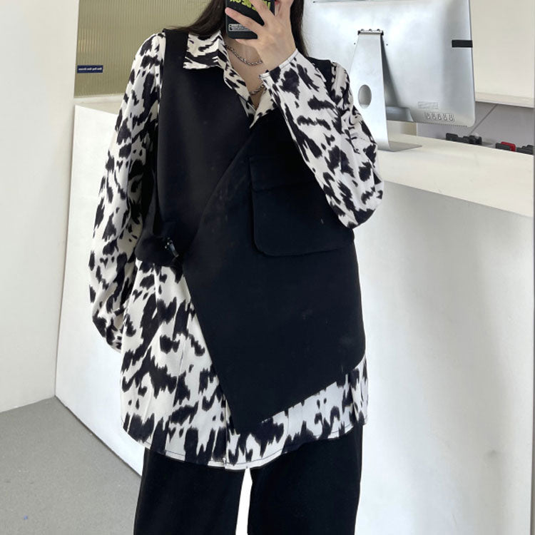 レトロセット長袖シャツとベスト重ね着風柄シャツ原宿系トップス