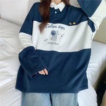 画像をギャラリービューアに読み込む, 学園風ポロカラールーズ長袖Tシャツトップス パーカートレーナー
