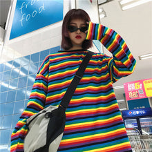 画像をギャラリービューアに読み込む, 長袖Tシャツ原宿風 ゆったりカジュアル ストライプカラーヒット 虹色ァーション レディース
