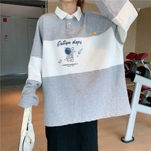 画像をギャラリービューアに読み込む, 学園風ポロカラールーズ長袖Tシャツトップス パーカートレーナー
