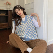 画像をギャラリービューアに読み込む, レトロチェス チェックニットベストゆったり韓国系	ガーリー
